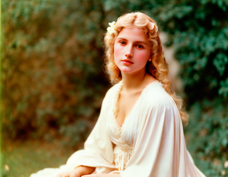 Blonde woman in vintage dress with flower in hair against green backdrop