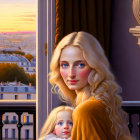 Woman and girl in front of window at sunset with cityscape view