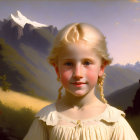 Blonde girl in cream dress smiling with mountain backdrop