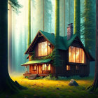 Misty forest scene with cozy house and glowing windows