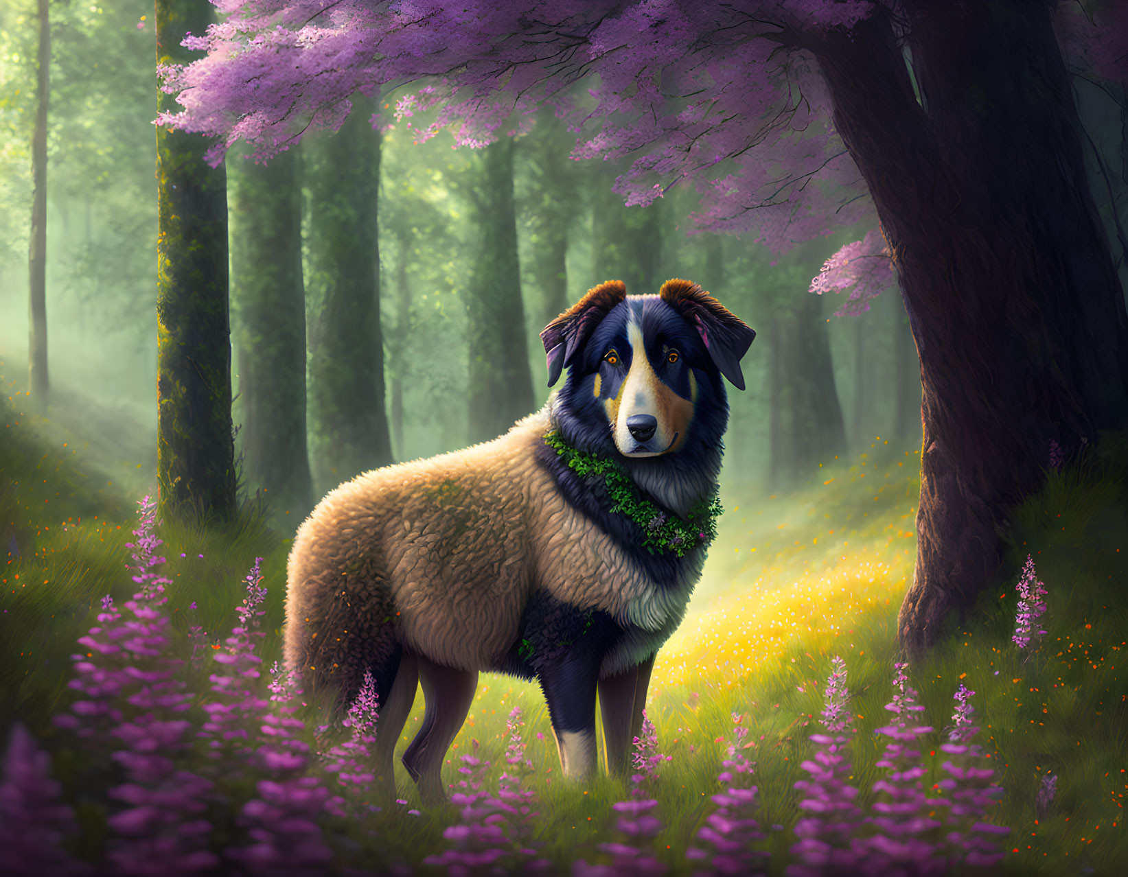 Dog in Enchanted Forest with Purple Flowers