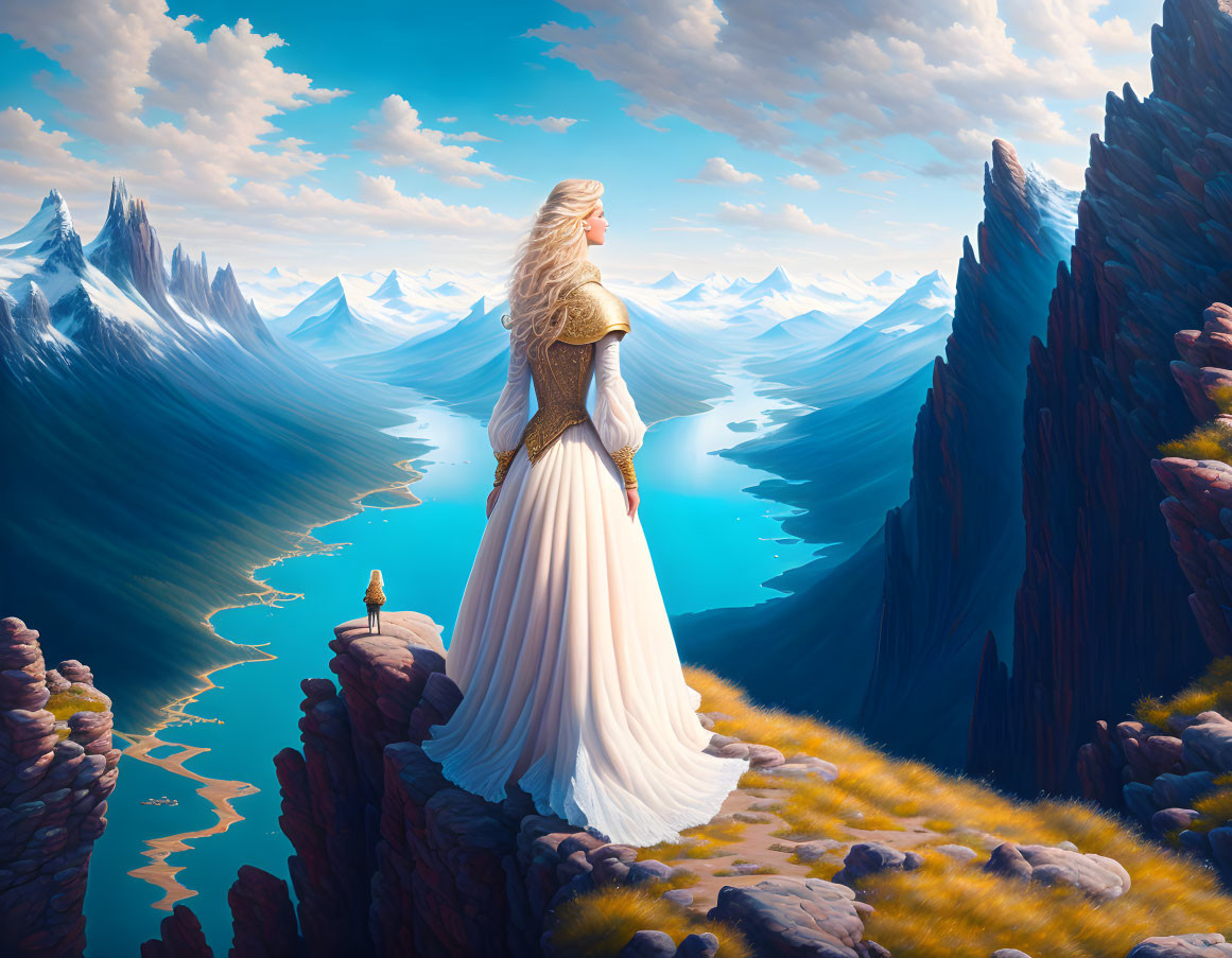 Woman in white dress on cliff overlooking fantasy landscape