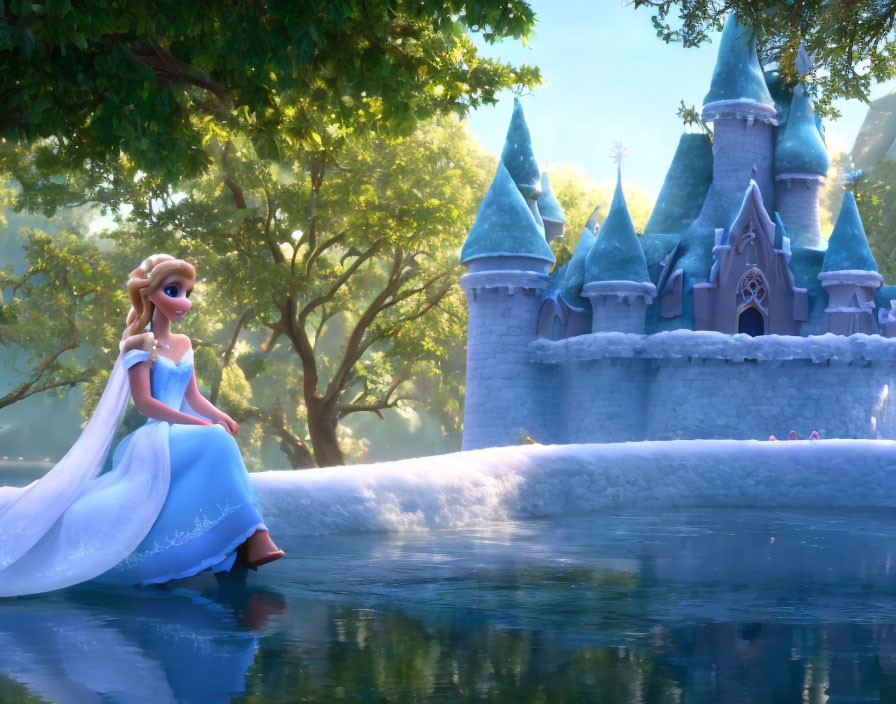 Princess in Blue Dress by Frozen Lake near Castle