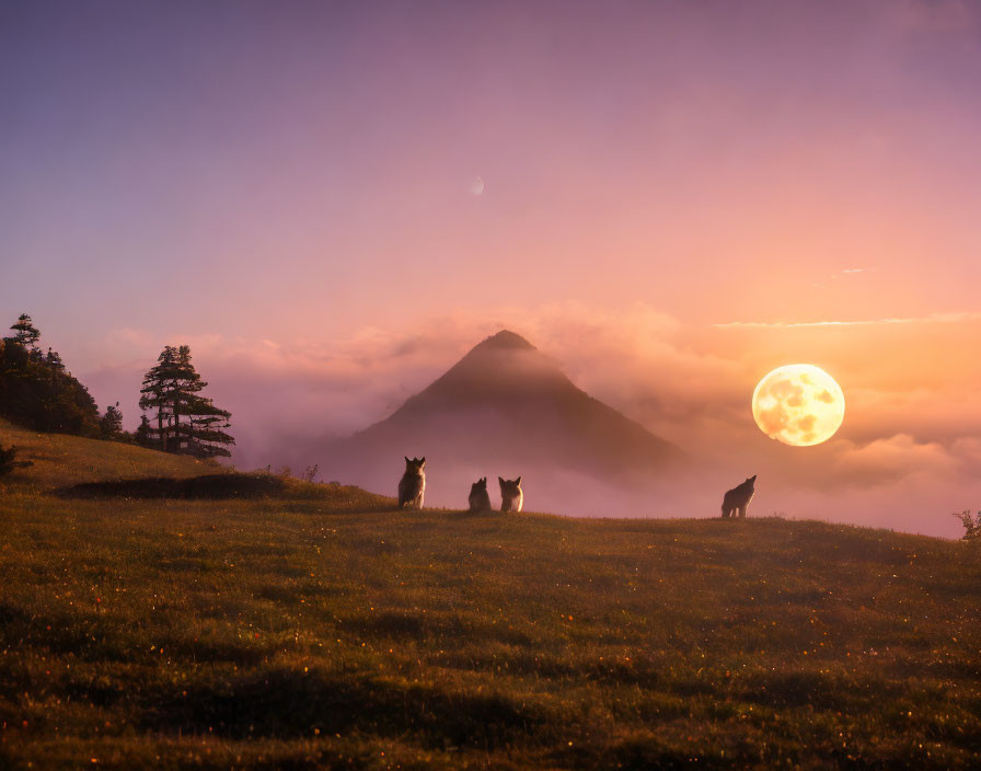 Silhouetted animals on grassy hill under moonlit sky