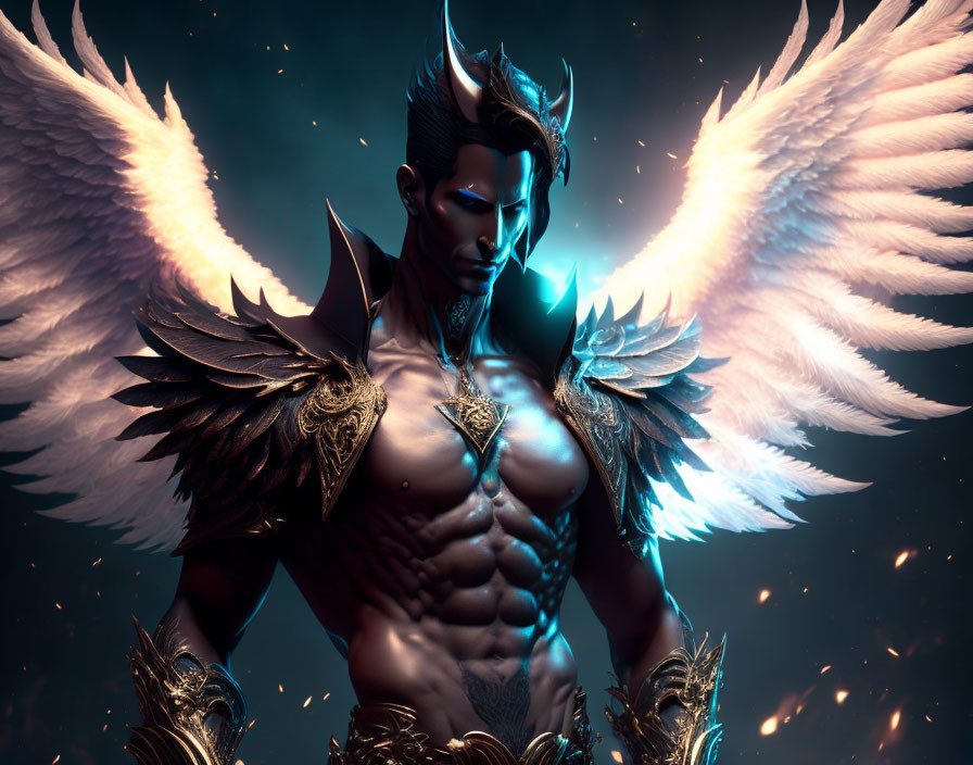 Muscular angelic figure with glowing blue eyes and ornate gold armor