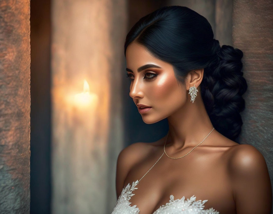 Sophisticated woman in white gown with side-swept braid and sparkly earrings by candle