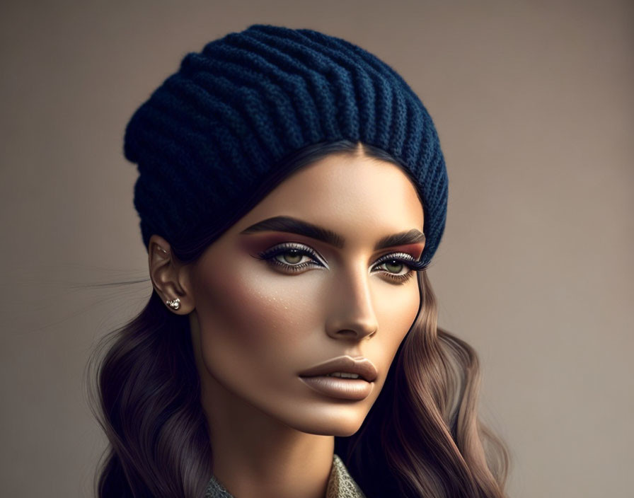 Woman with Striking Makeup in Blue Knitted Beanie and Wavy Brown Hair