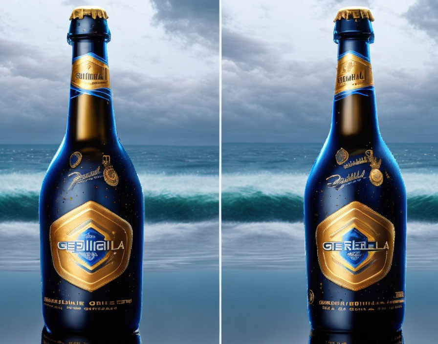 Beer bottle with "GERBELLA" label against stormy ocean backdrop