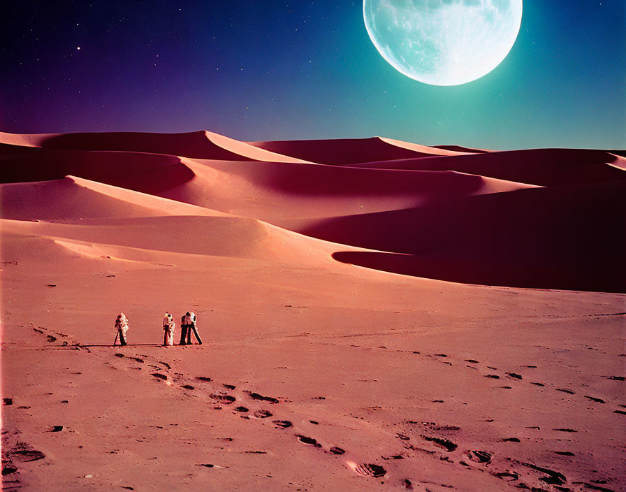 Astronauts in desert landscape with large dunes under night sky