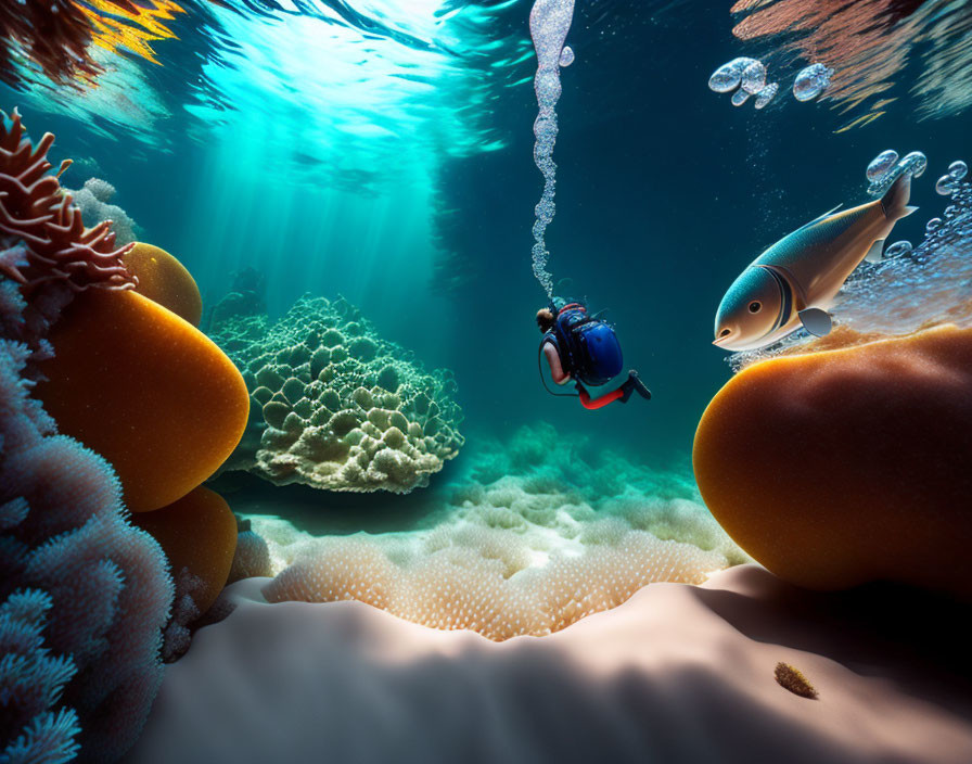 Vibrant underwater landscape with colorful corals and fish captured in light.