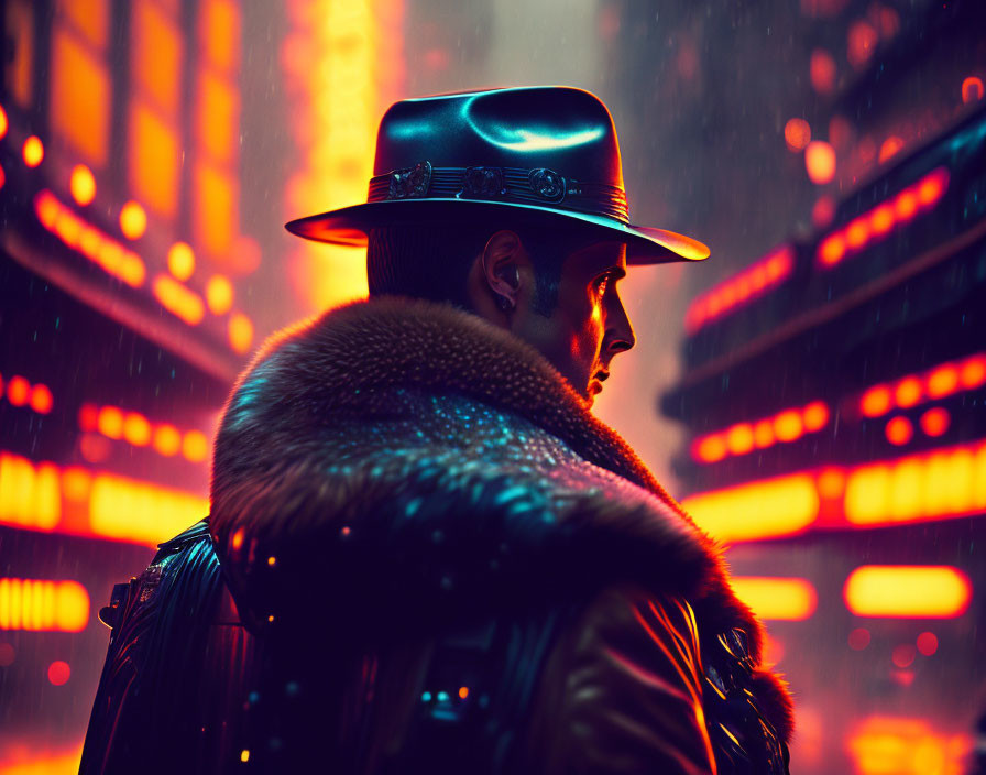 Person in Hat and Fur Coat on Neon-Lit Rainy Night