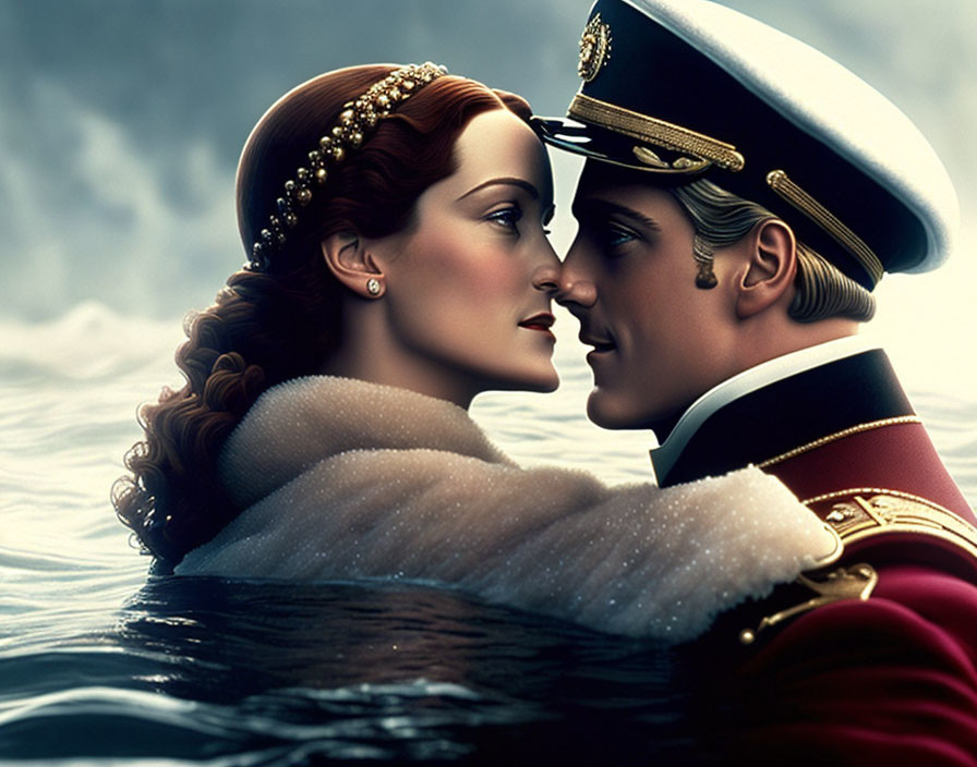 Military man and elegant woman embrace in water scene