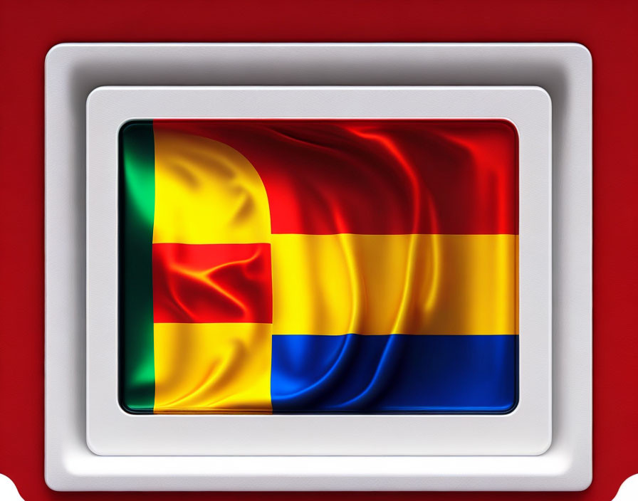 Glossy Wavy Flag of Romania on Red Background