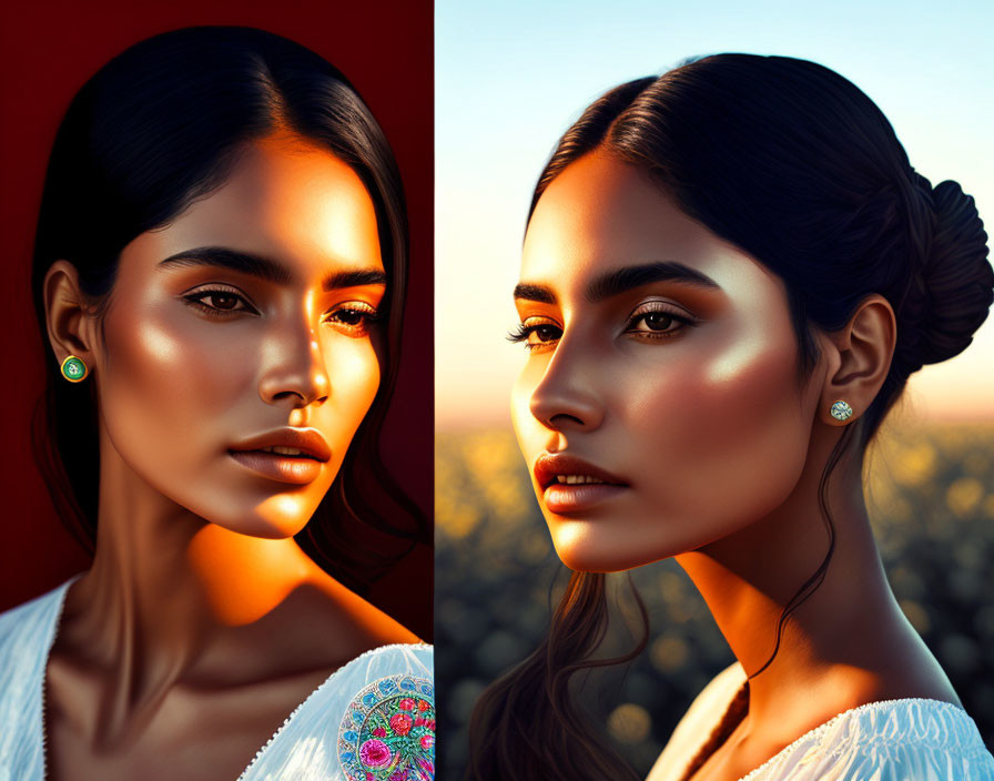 Dual portraits of a woman with golden-hour glow, showcasing unique makeup, hairstyles, lighting, and backgrounds