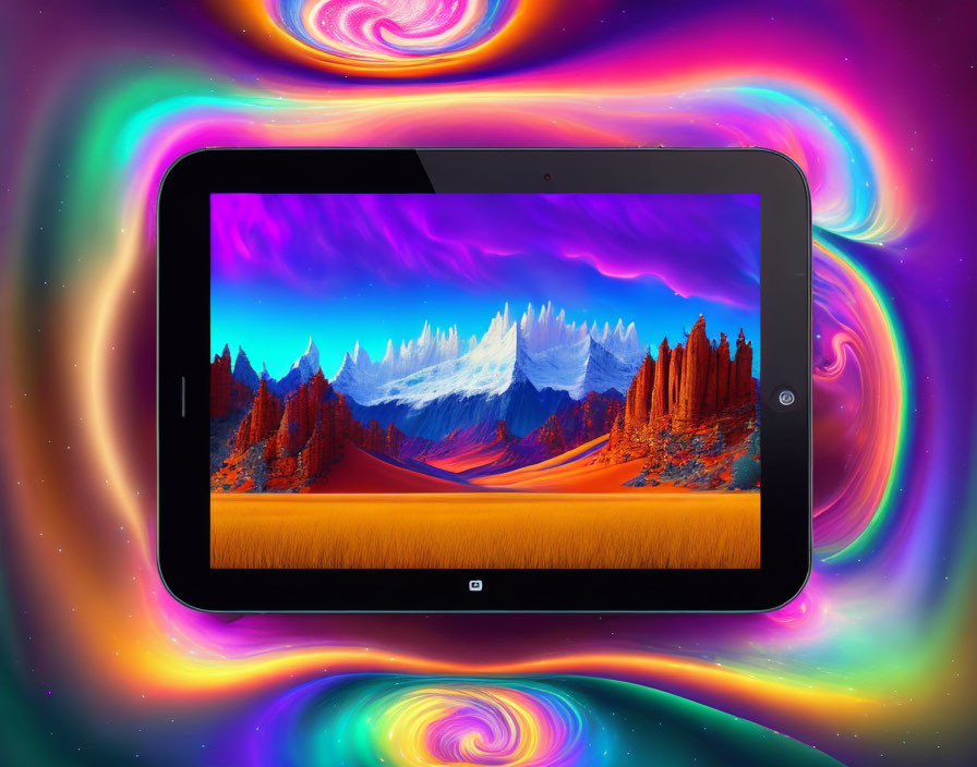 Vibrant landscape image with colorful swirls on tablet