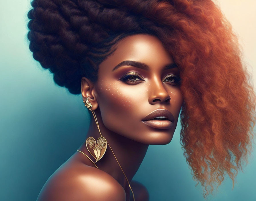 Digital artwork: Woman with dual hairstyle, tight braids on one side and flowing curls on the other