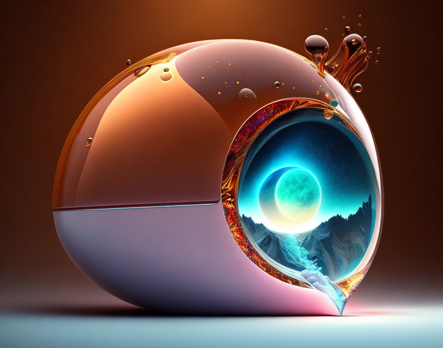 Surreal spherical capsule with cosmic landscape and moon