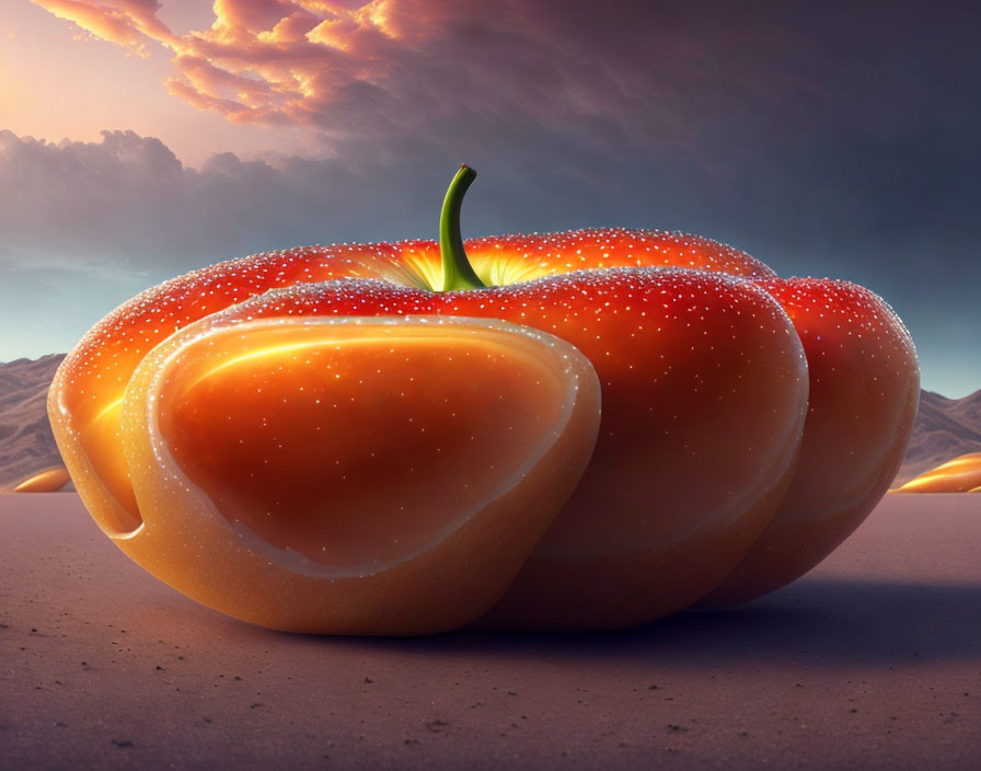 Hyper-realistic Digital Artwork: Glossy Tomato with Dewdrops on Dramatic Landscape