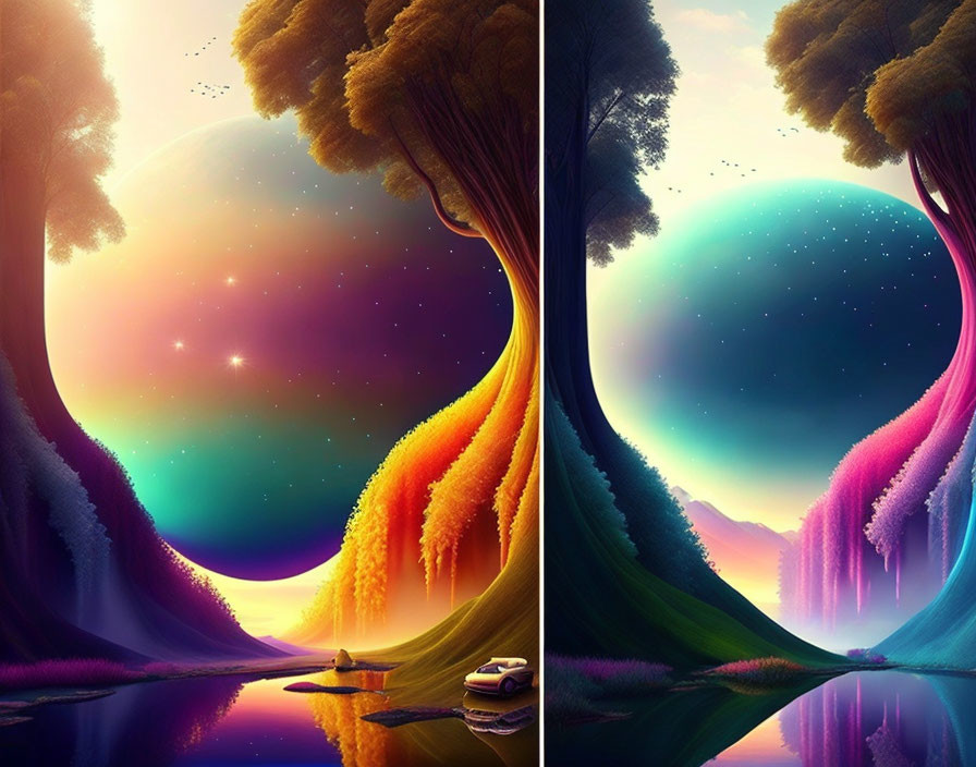 Surreal landscapes with vibrant skies and mirrored river divide, trees with gradient leaves, boats.