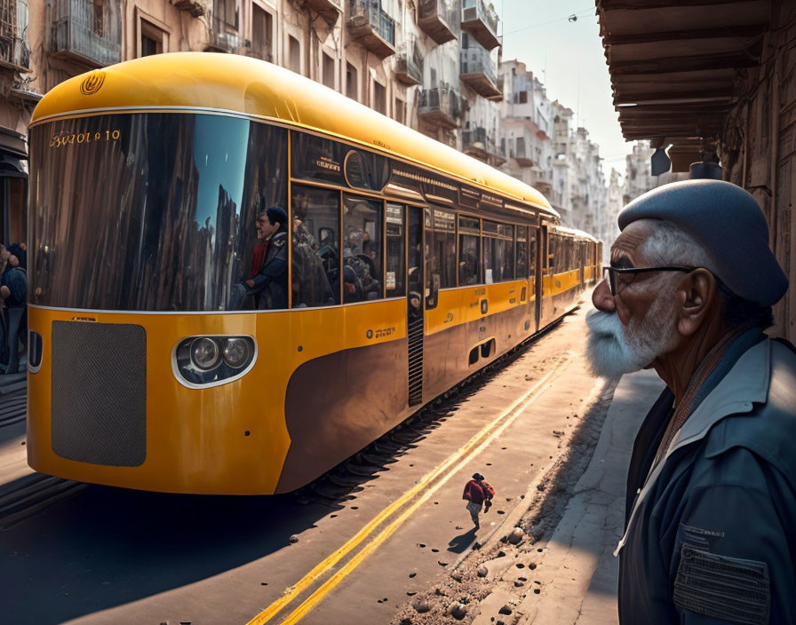 City street scene with modern yellow tram and passengers, observed by older man.