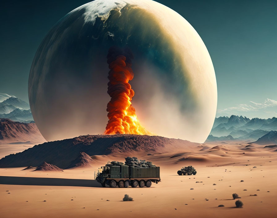 Gigantic volcanic eruption in desert with looming planet and futuristic rovers