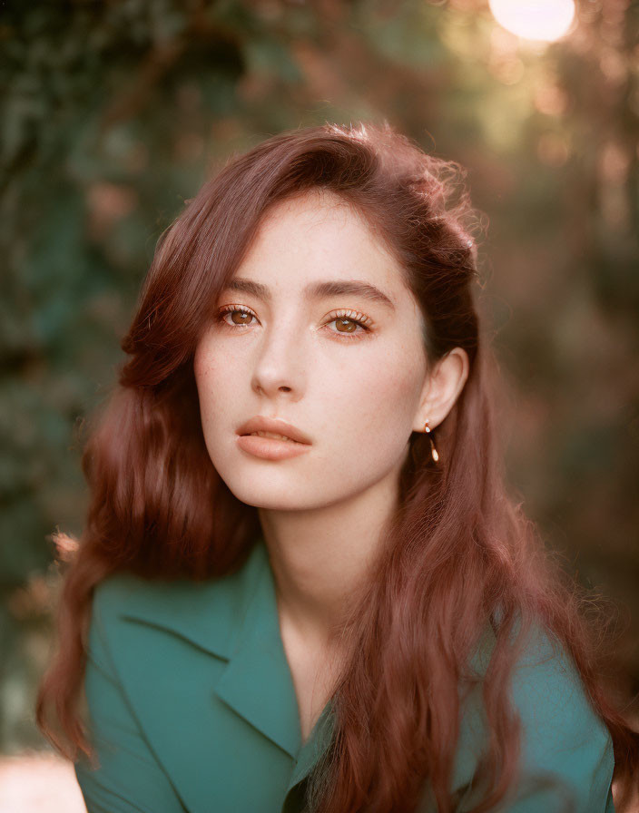 Auburn-Haired Woman in Teal Blazer with Amber Eyes poses in Greenery Background