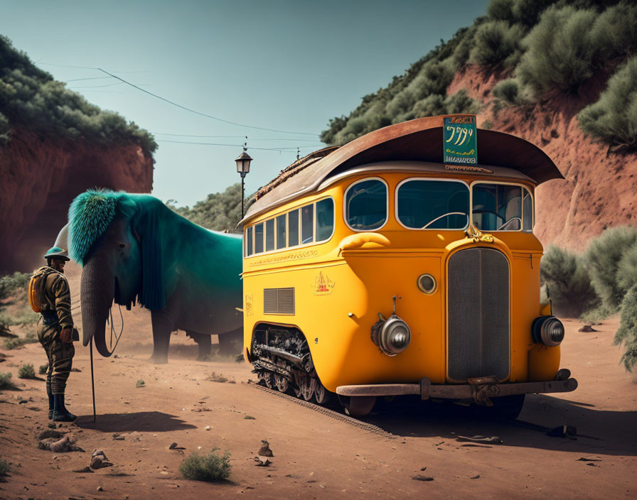 Elephant in cloth beside vintage bus in desert with person.