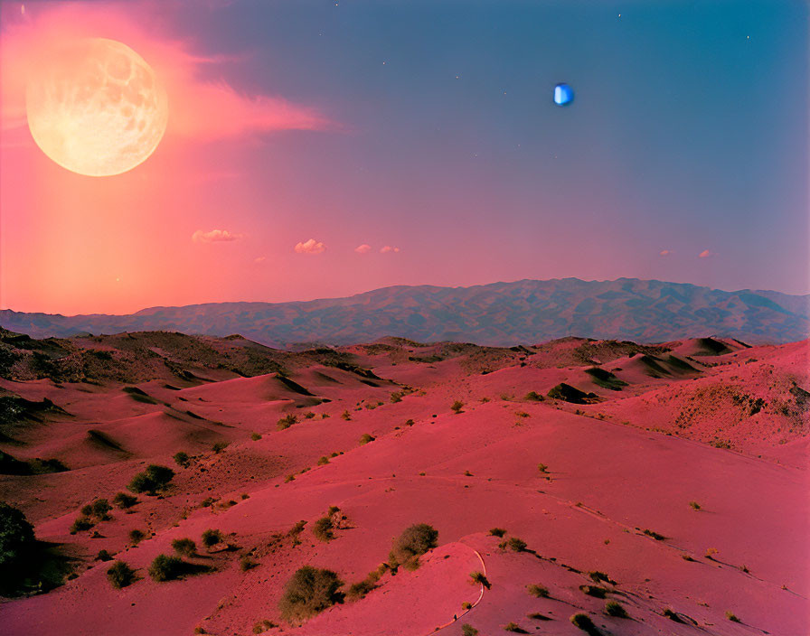 Desert landscape with twilight sky, full moon, and star.