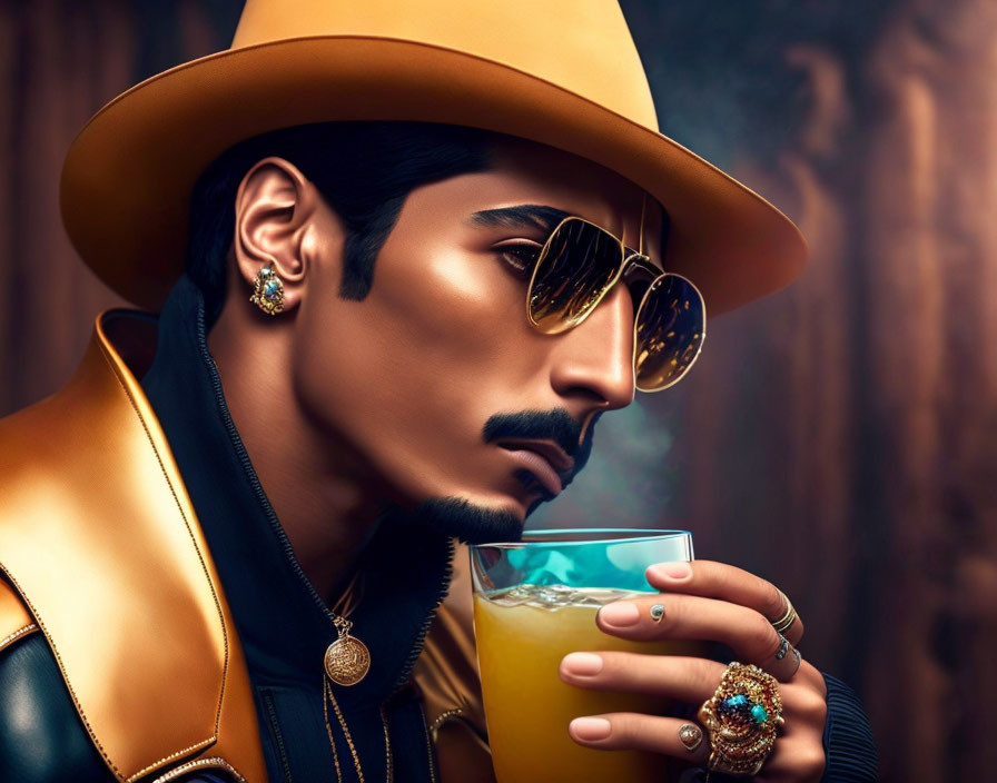 Stylish individual with mustache in yellow hat and sunglasses with orange drink