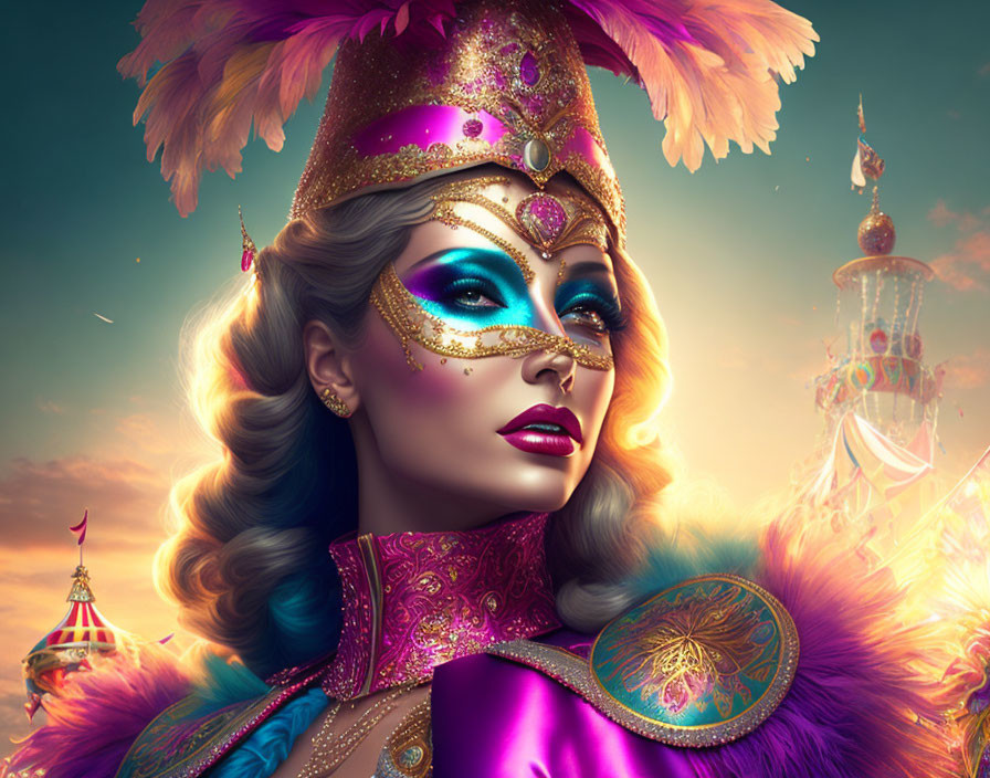 Fantasy makeup woman with decorated helmet in vibrant digital art