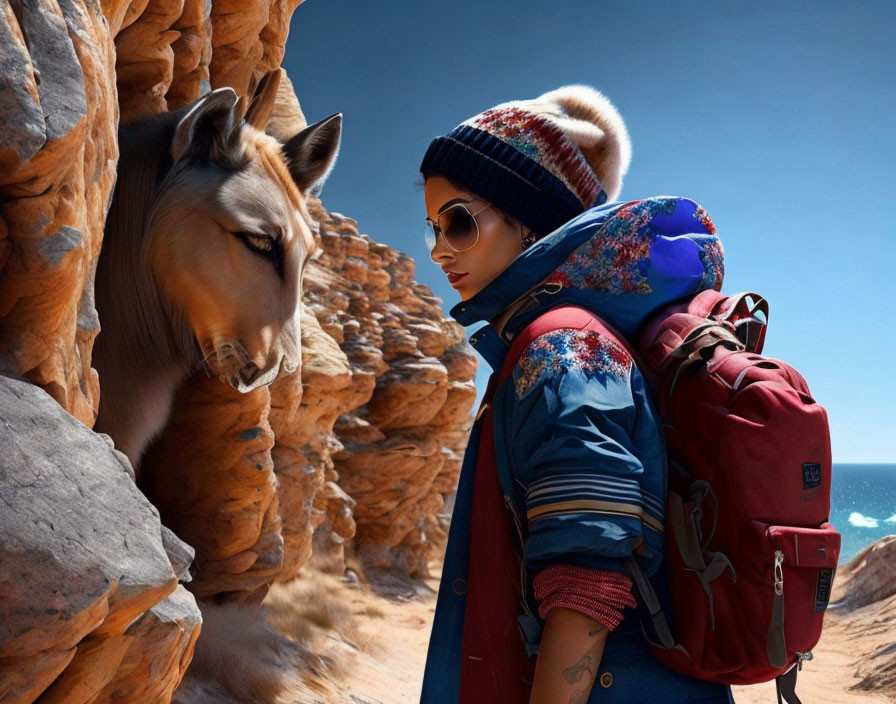 Person in winter gear with backpack meets horse in rocky terrain under clear sky