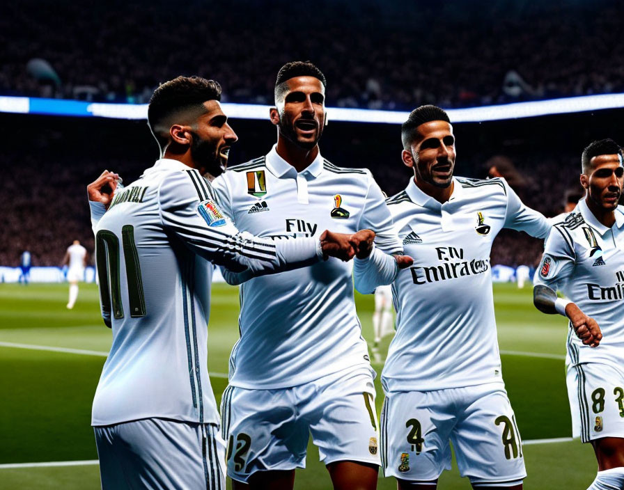 Four soccer players in white kits celebrating with crowd in background