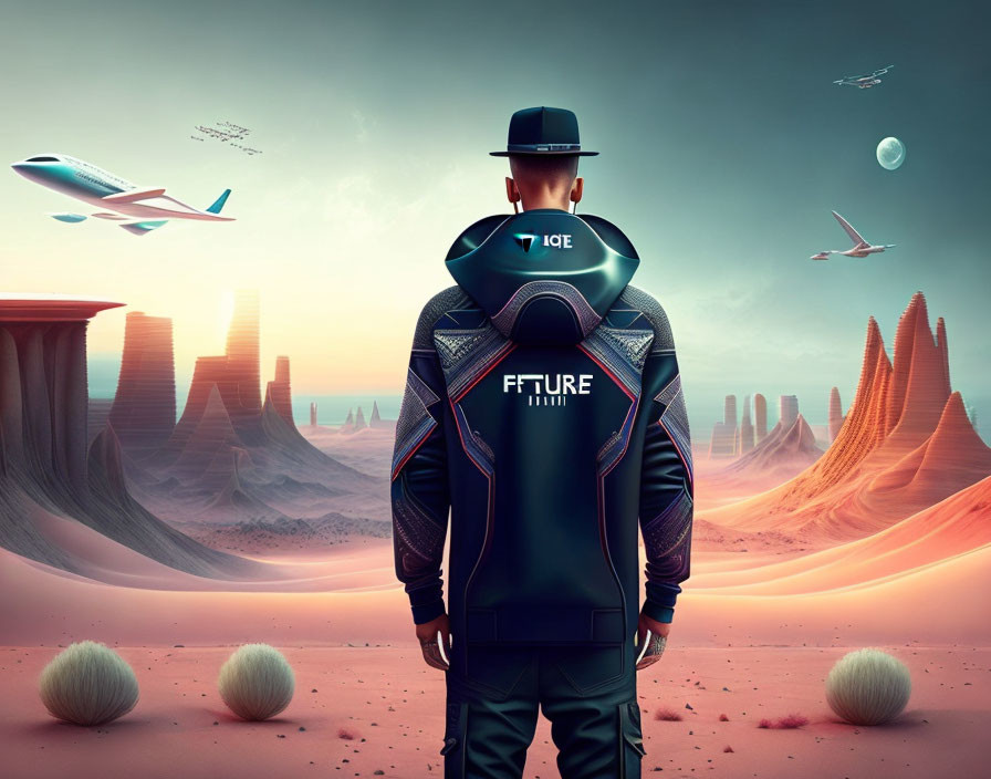 Futuristic jacket labeled "FUTURE" in surreal landscape