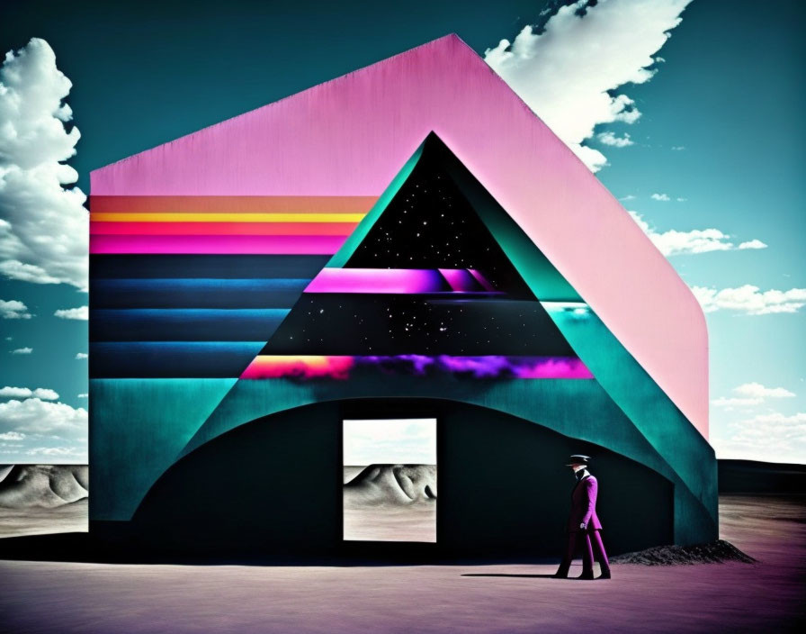 Person in Hat by Colorful Building with Space Cut-Outs