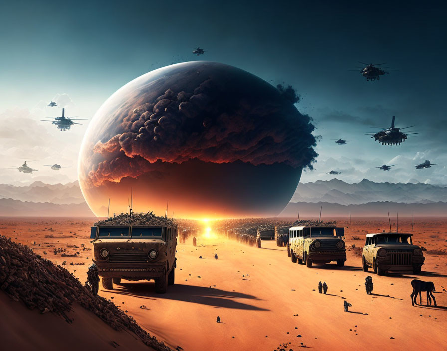 Futuristic convoy in desert with helicopters and mysterious figures