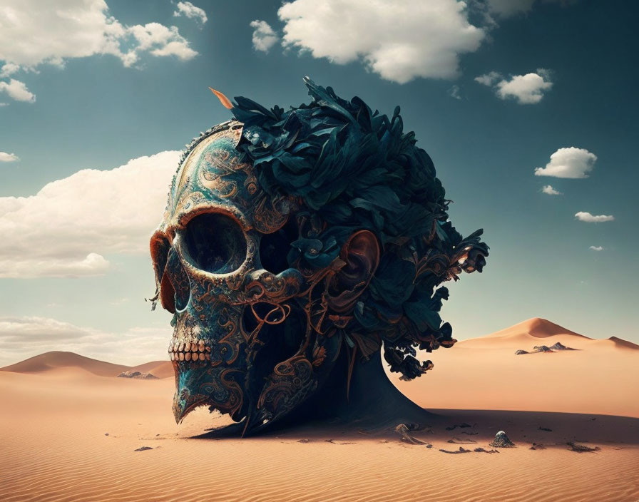 Blue feather-textured skull partially buried in desert sand under cloudy sky.