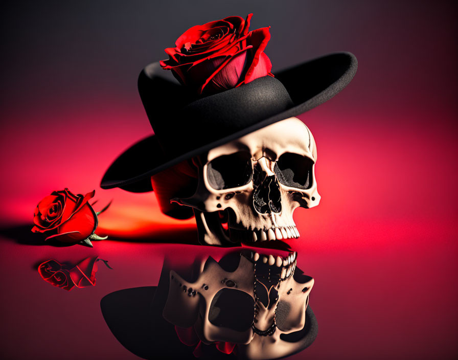 Skull with Black Hat and Red Roses on Reflective Surface