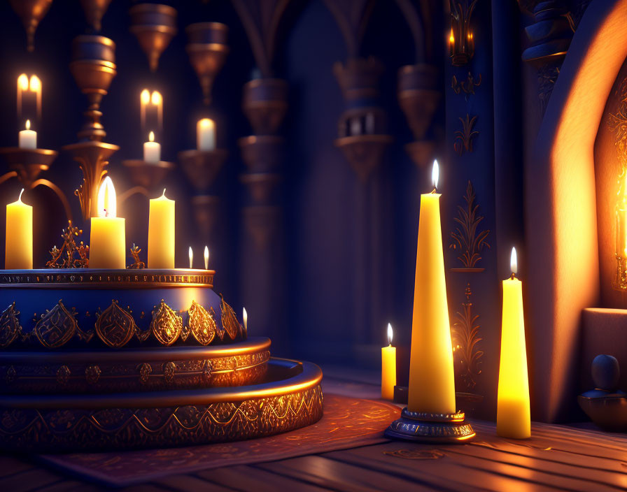 Gothic room with ornate metallic candle stand