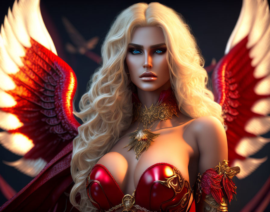 3D rendered fantasy image of woman with blonde hair, blue eyes, red and gold armor, and
