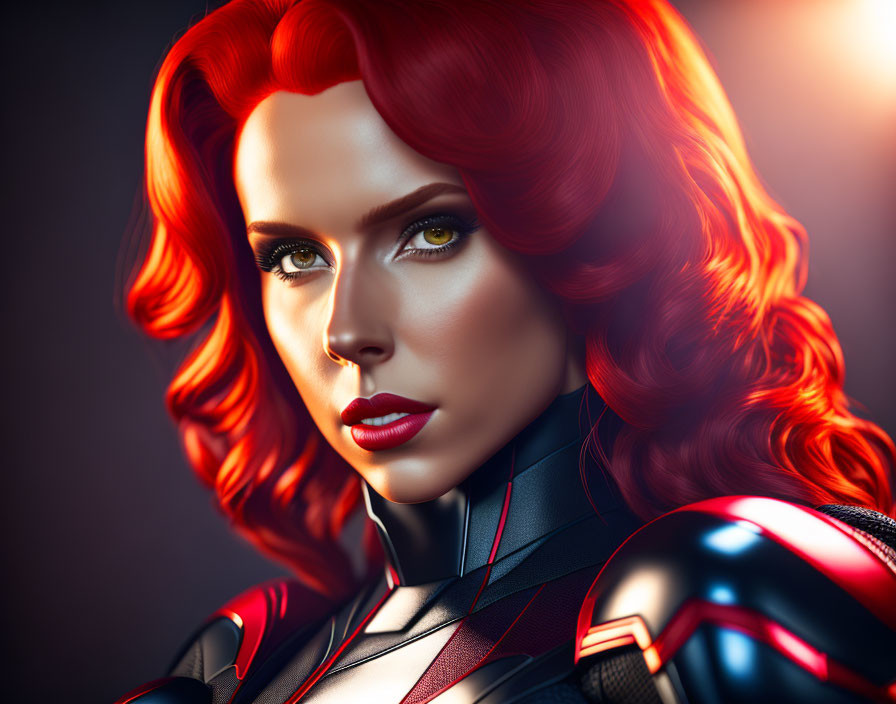 Vibrant red-haired woman in superhero suit on dark background