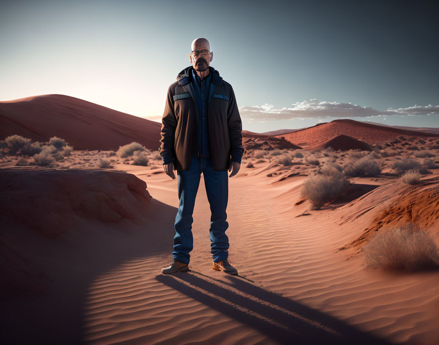 Person in desert at dusk with long shadows, heavy jacket, sunglasses