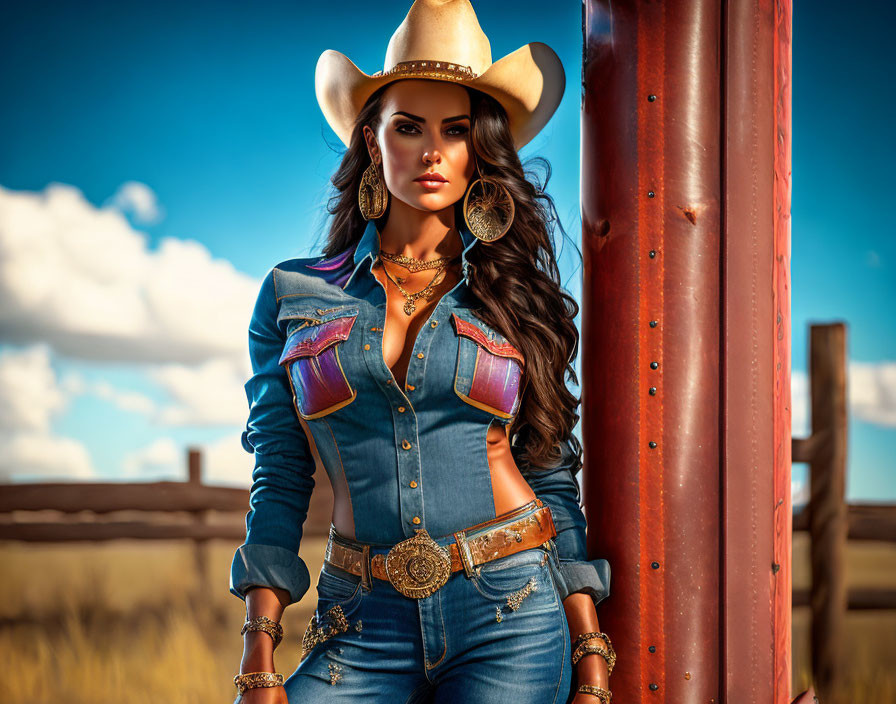 Woman in denim outfit and cowboy hat by red pole under blue sky with clouds.