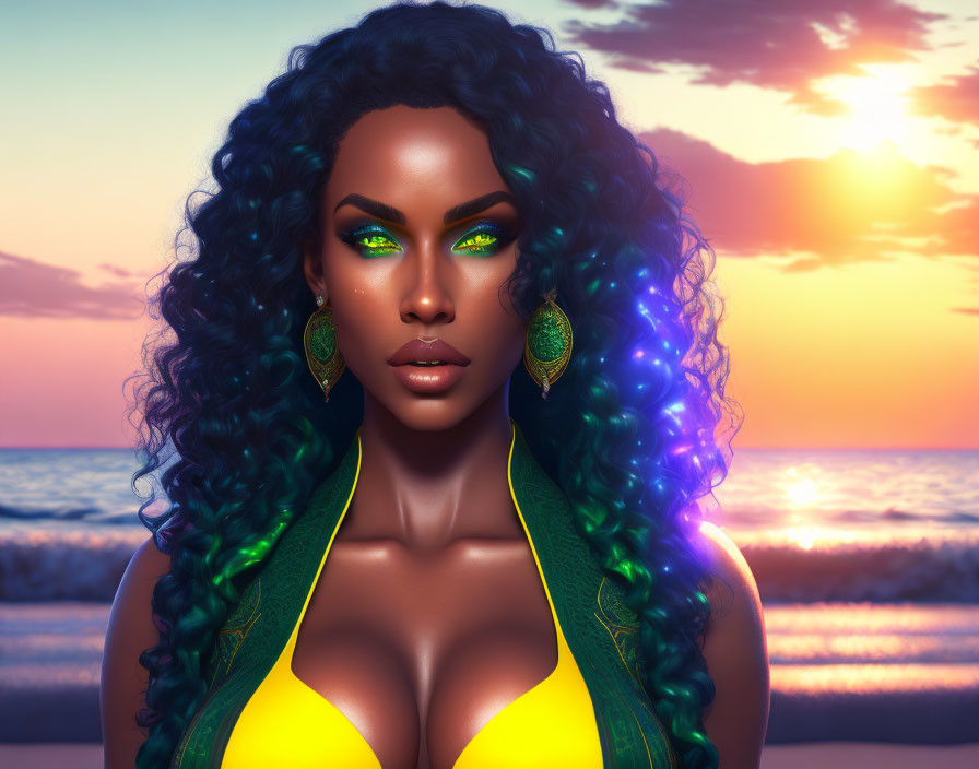 Vibrant digital artwork: Woman with green eyes, blue hair, yellow top, sunset beach.