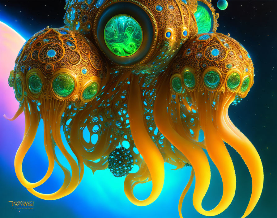 Futuristic octopus digital artwork with glowing orbs on cosmic background