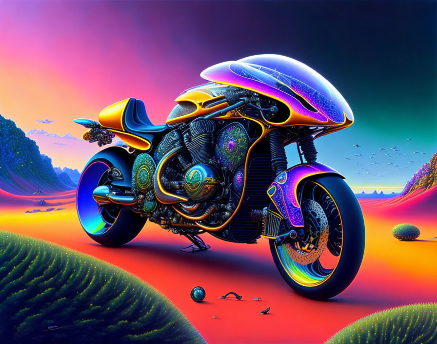 Colorful Psychedelic Futuristic Motorcycle Illustration in Surreal Landscape