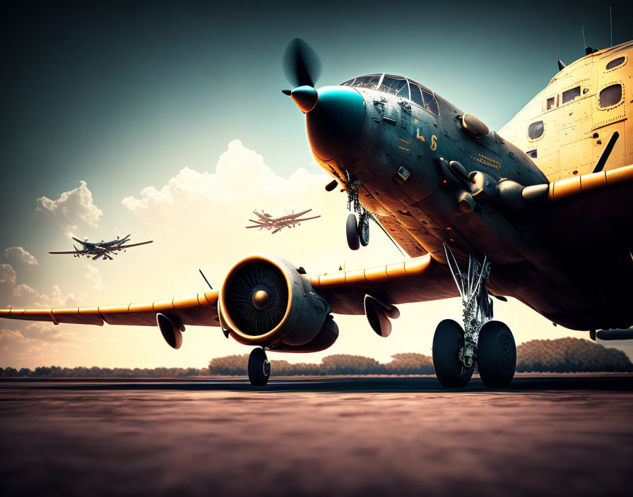 Historic military aircraft lineup with flying formation in dramatic sky