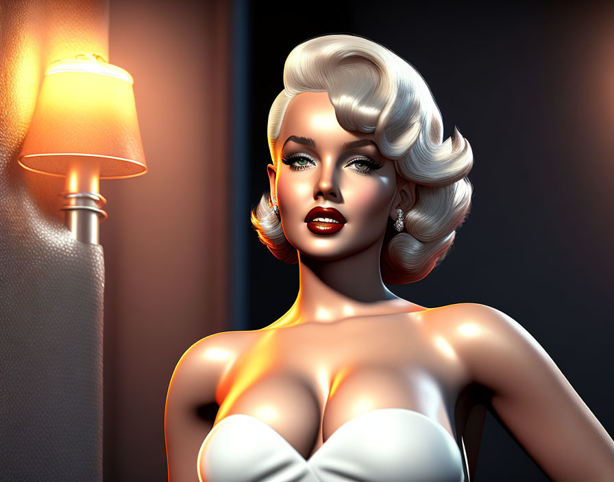 Vintage Hairstyle Woman with Glowing Lamp in 3D Art