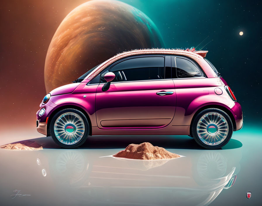 Pink Fiat 500 Car on Rocky Terrain with Cosmic Background