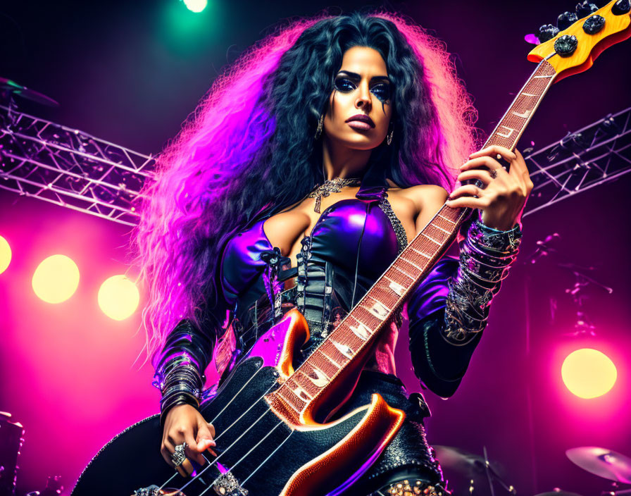 Female Rock Musician with Voluminous Hair Plays Bass Guitar in Leather Outfit