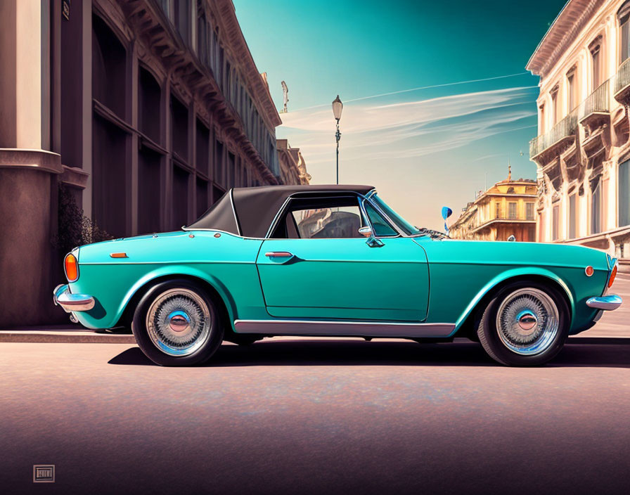 Vintage turquoise convertible car in city street with classic architecture.